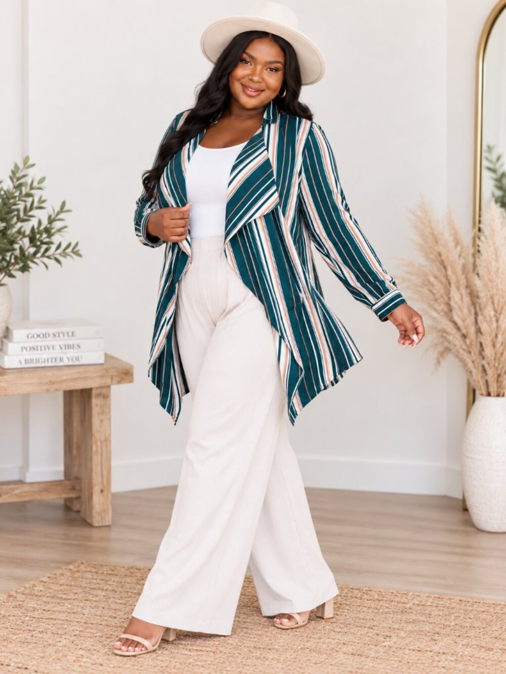ODDY Striped Draped Open Front Cardigan Jacket Green Cream Size Large